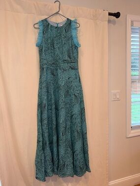 LK Bennett Teal Floral Sleeveless Maxi Dress with Ruffle Shoulders